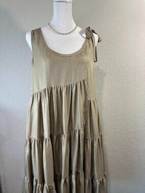 Pure DKNY Tan Silk Asymmetrical A Line Tiered Dress Pockets size M